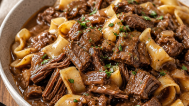 Slow cooker beef and noodles with tender chuck roast and wide egg noodles in rich brown gravy
