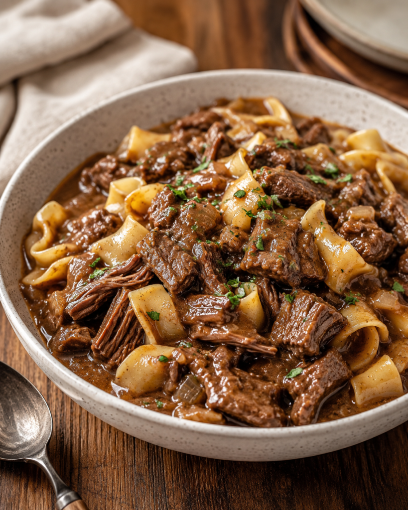 Slow cooker beef and noodles with tender chuck roast and wide egg noodles in rich brown gravy