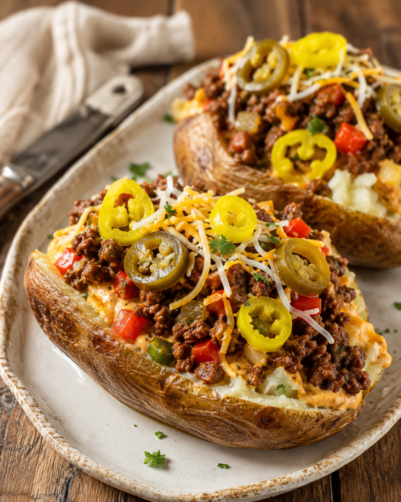 Two loaded Taco Baked Potatoes topped with seasoned ground beef, creamy taco sauce, shredded cheese, jalapeños, and banana peppers.