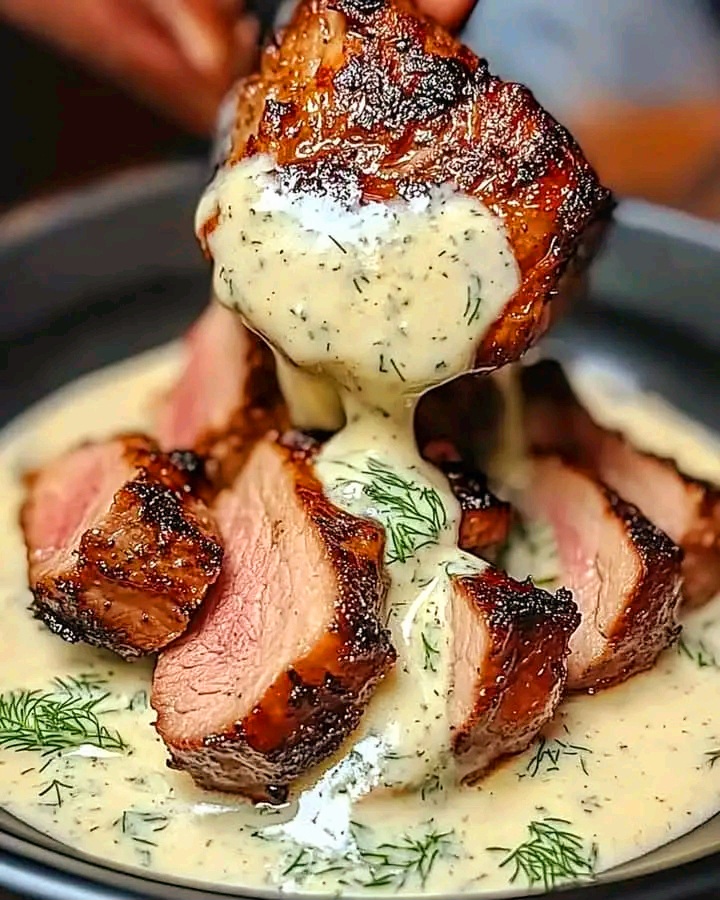 Grilled tenderloin with creamy dill sauce