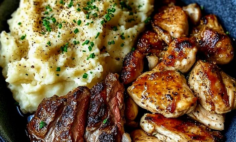 Slow Cooker Garlic Butter Chicken & Ribeye with Parmesan Mashed Potatoes