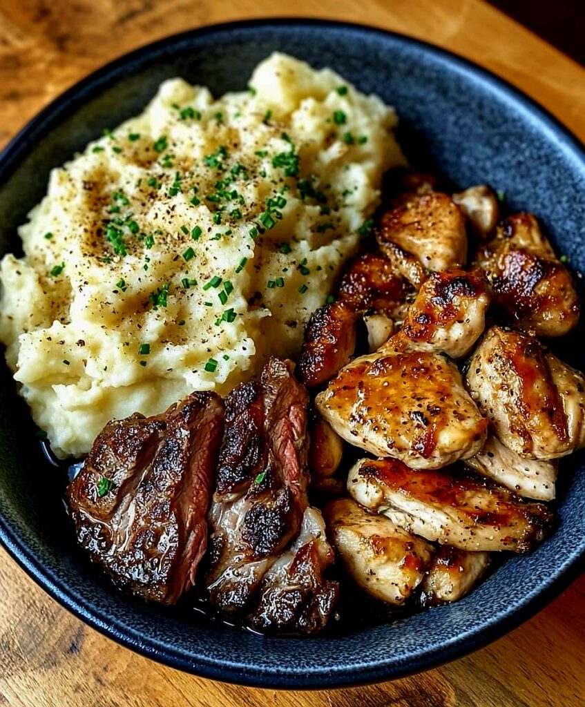 Slow Cooker Garlic Butter Chicken & Ribeye with Parmesan Mashed Potatoes