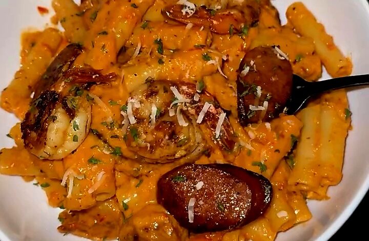 Creamy Roasted Pepper Pasta with Sausage & Shrimp