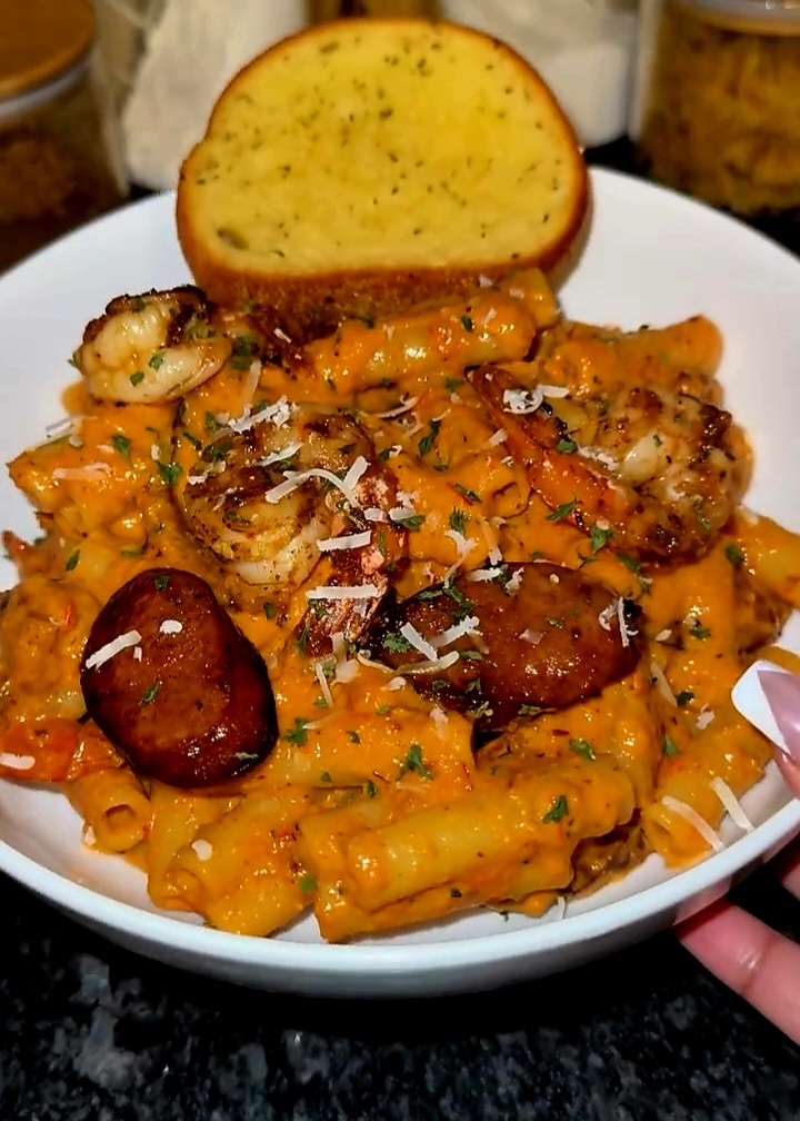 Creamy Roasted Pepper Pasta with Sausage & Shrimp