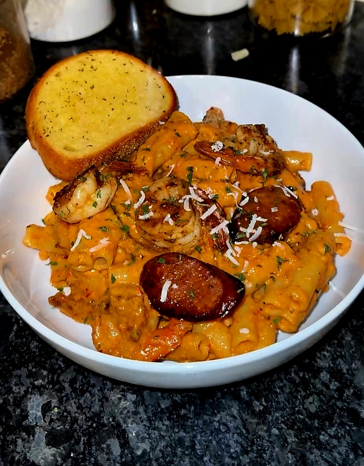 Creamy Roasted Pepper Pasta with Sausage & Shrimp