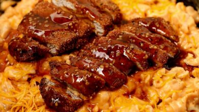 Honey Garlic Crispy Pork Tenderloin over Creamy Mac & Cheese