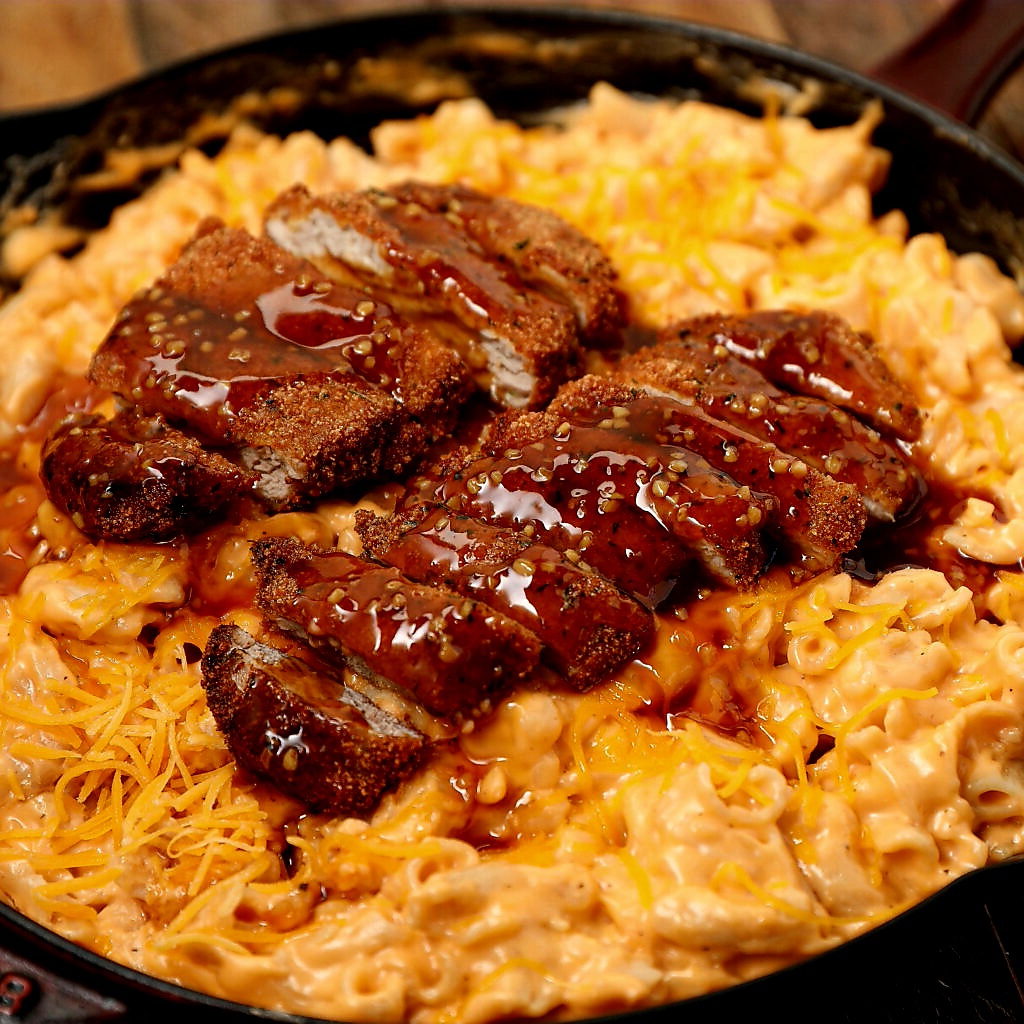 Honey Garlic Crispy Pork Tenderloin over Creamy Mac & Cheese