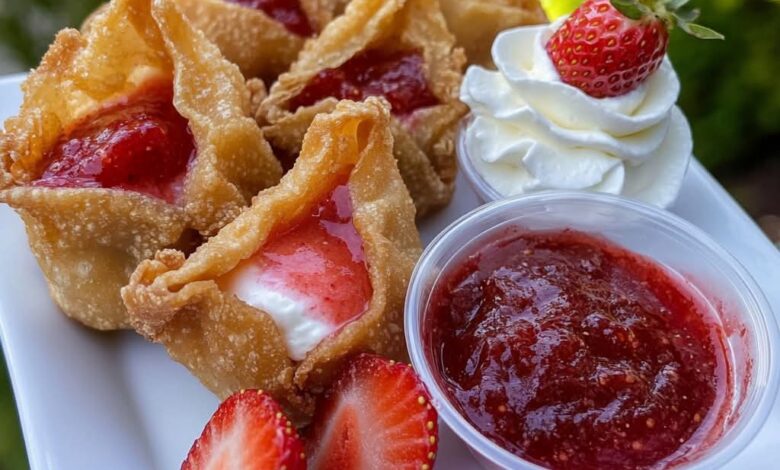 Deep-fried strawberry cheesecake wonton bites
