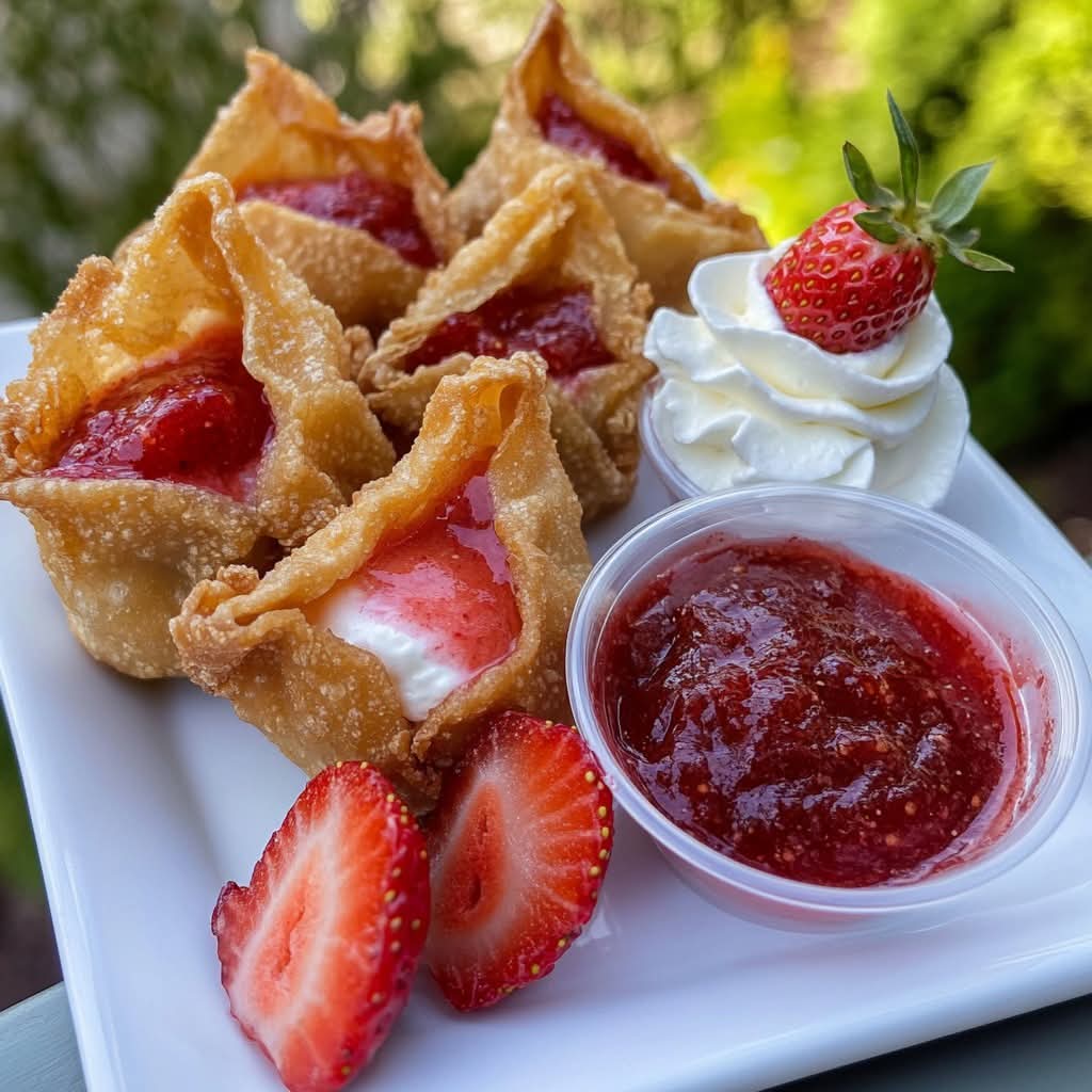 Deep-fried strawberry cheesecake wonton bites