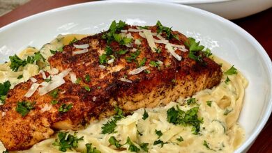 Pasta Alfredo with Cajun or Jerk Salmon or Chicken