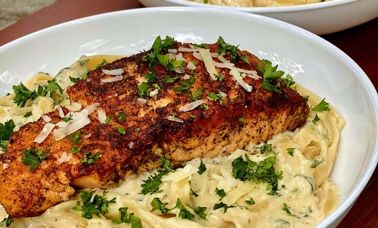 Pasta Alfredo with Cajun or Jerk Salmon or Chicken