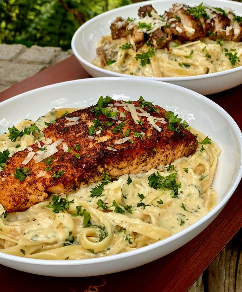 Pasta Alfredo with Cajun or Jerk Salmon or Chicken