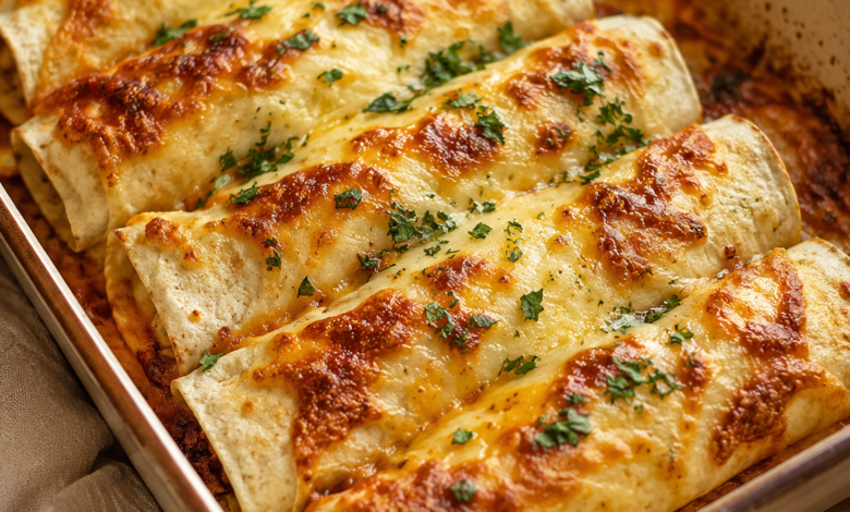 Cheesy chicken tortilla rolls baked with golden melted cheese and chopped herbs in a ceramic baking dish