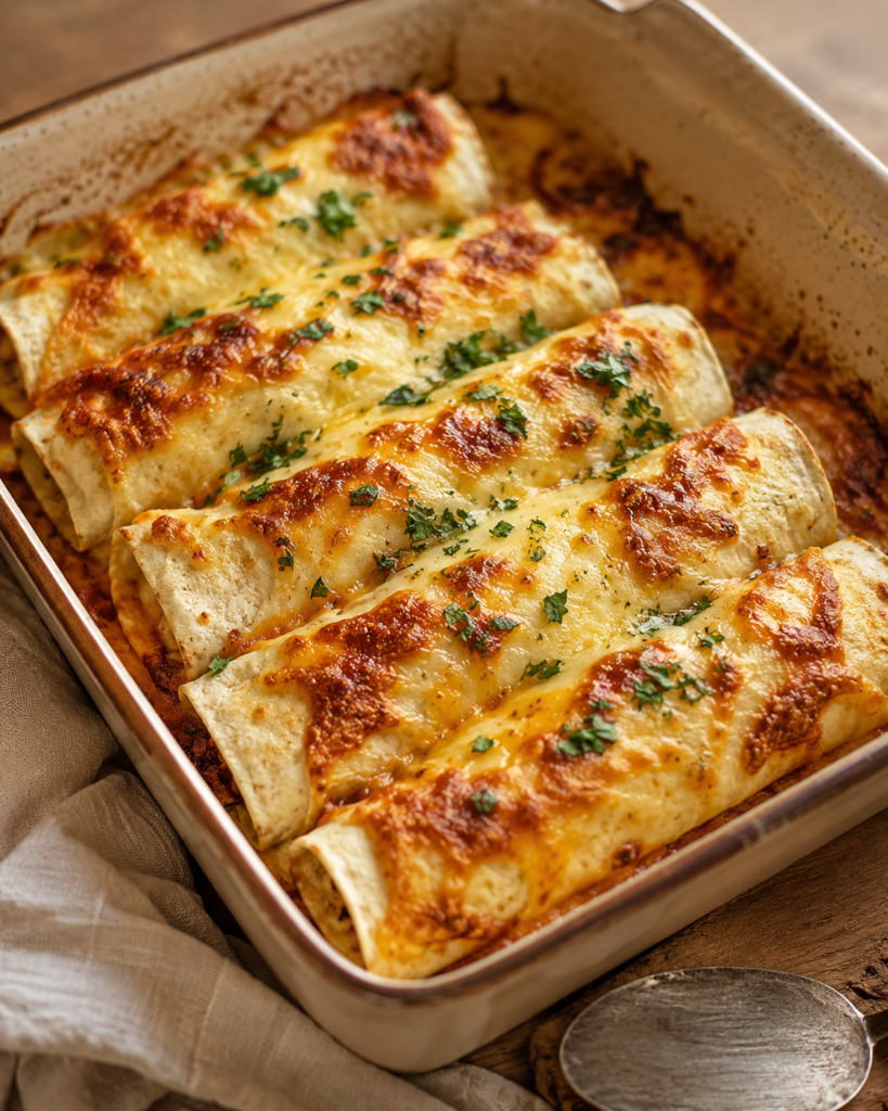 Cheesy chicken tortilla rolls baked with golden melted cheese and chopped herbs in a ceramic baking dish