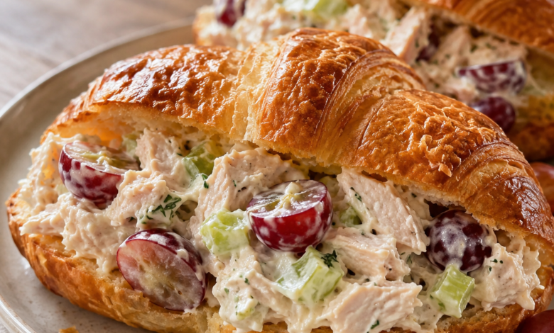 Creamy chicken salad croissant sandwiches with red grapes and celery