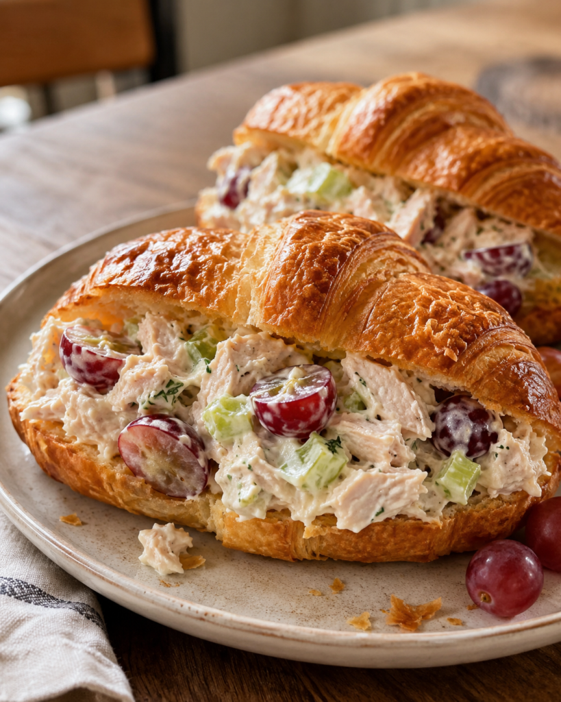 Creamy chicken salad croissant sandwiches with red grapes and celery