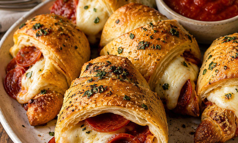 Golden pepperoni pizza crescent rolls filled with melted mozzarella and served with marinara dipping sauce