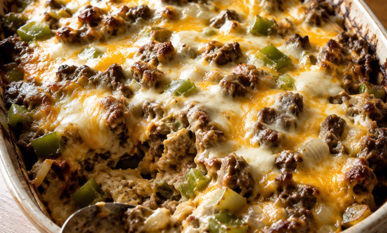 Philly cheesesteak casserole with browned beef, green peppers, onions, provolone, and melted cheddar cheese