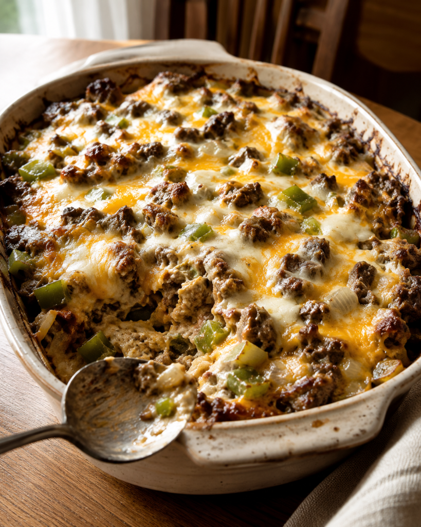 Philly cheesesteak casserole with browned beef, green peppers, onions, provolone, and melted cheddar cheese