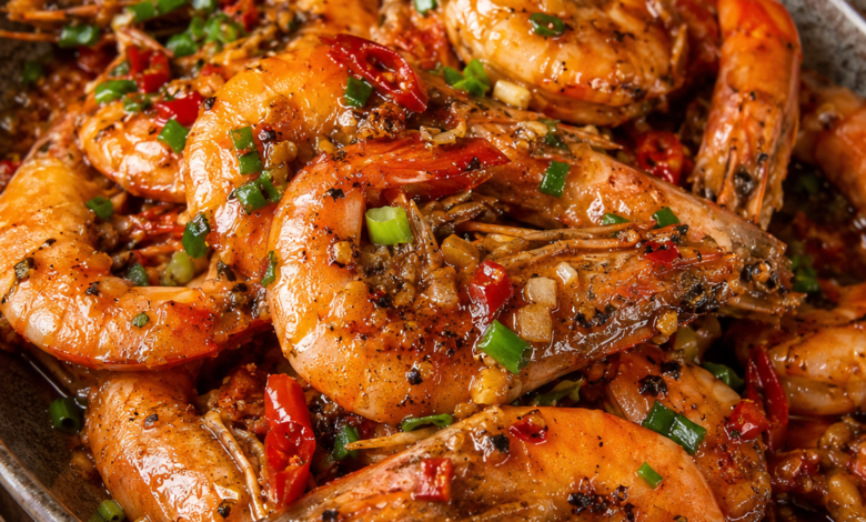 Spicy pepper shrimp with garlic, red chiles, black pepper and scallions in a rustic serving bowl