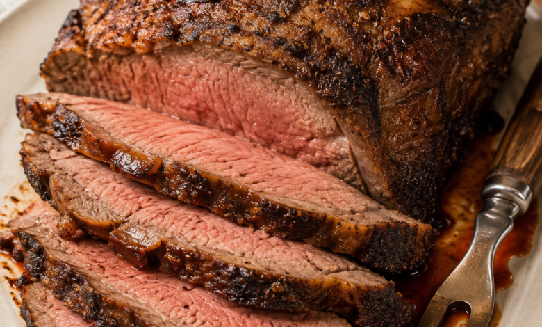 Sliced top sirloin roast with a deeply seasoned brown crust and tender rosy center on a serving platter