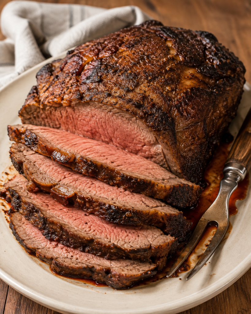 Sliced top sirloin roast with a deeply seasoned brown crust and tender rosy center on a serving platter