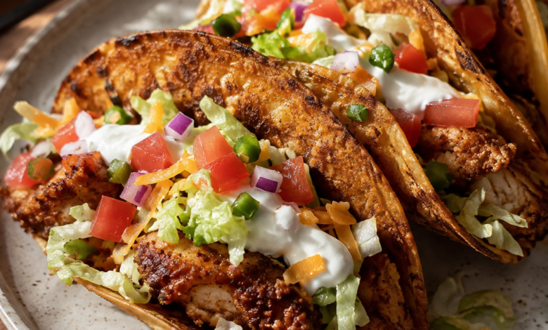 Crispy fried chicken tacos with lettuce, tomato, red onion, jalapeño, cheddar cheese, and sour cream
