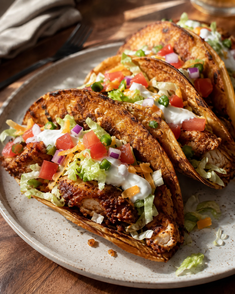 Crispy fried chicken tacos with lettuce, tomato, red onion, jalapeño, cheddar cheese, and sour cream