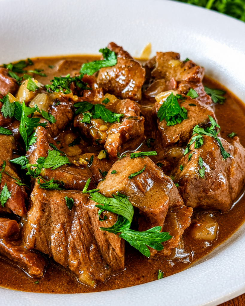 Tender Crockpot beef tips coated in rich homemade brown gravy with onions and fresh parsley.