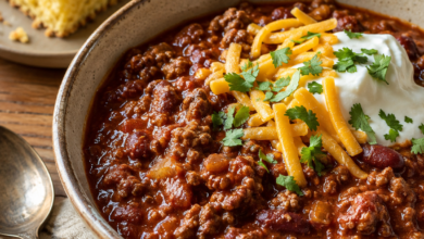 Homemade beef chili with kidney beans, shredded cheddar, sour cream, cilantro, and cornbread