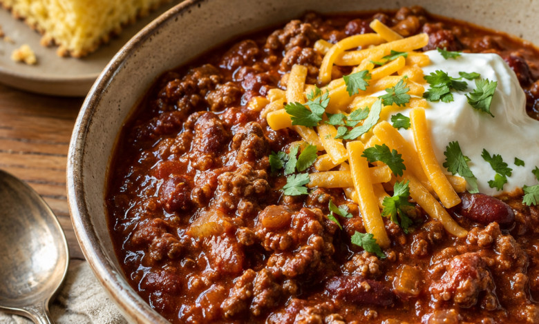 Homemade beef chili with kidney beans, shredded cheddar, sour cream, cilantro, and cornbread