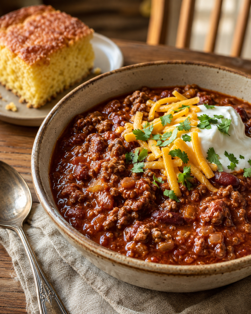 Homemade beef chili with kidney beans, shredded cheddar, sour cream, cilantro, and cornbread
