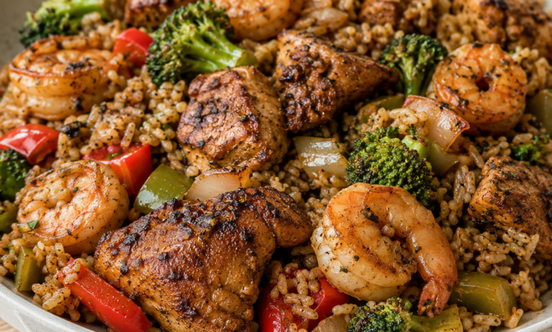 Jerk shrimp and chicken stir fry with seasoned rice, broccoli, bell peppers and onions