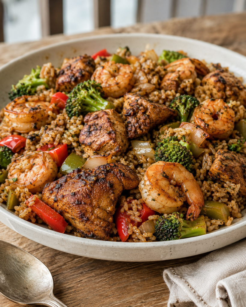 Jerk shrimp and chicken stir fry with seasoned rice, broccoli, bell peppers and onions