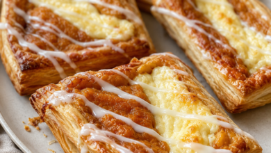 Sweet potato cheesecake Danishes with flaky puff pastry, creamy cheesecake filling, sweet potato filling, and vanilla glaze