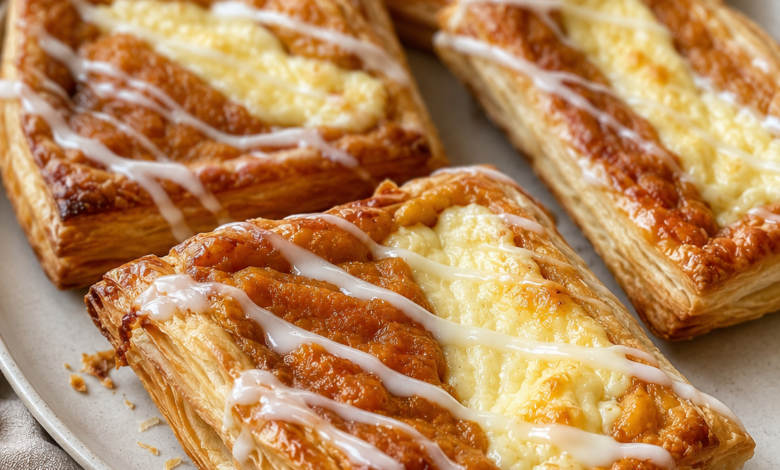 Sweet potato cheesecake Danishes with flaky puff pastry, creamy cheesecake filling, sweet potato filling, and vanilla glaze