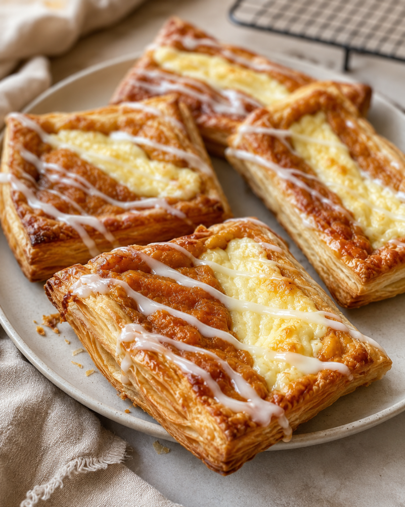 Sweet potato cheesecake Danishes with flaky puff pastry, creamy cheesecake filling, sweet potato filling, and vanilla glaze