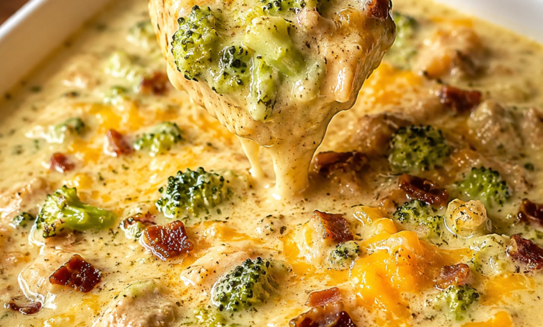 Creamy chicken bacon broccoli cheddar soup with crispy bacon, tender chicken, broccoli, melted cheddar cheese, and toasted bread.