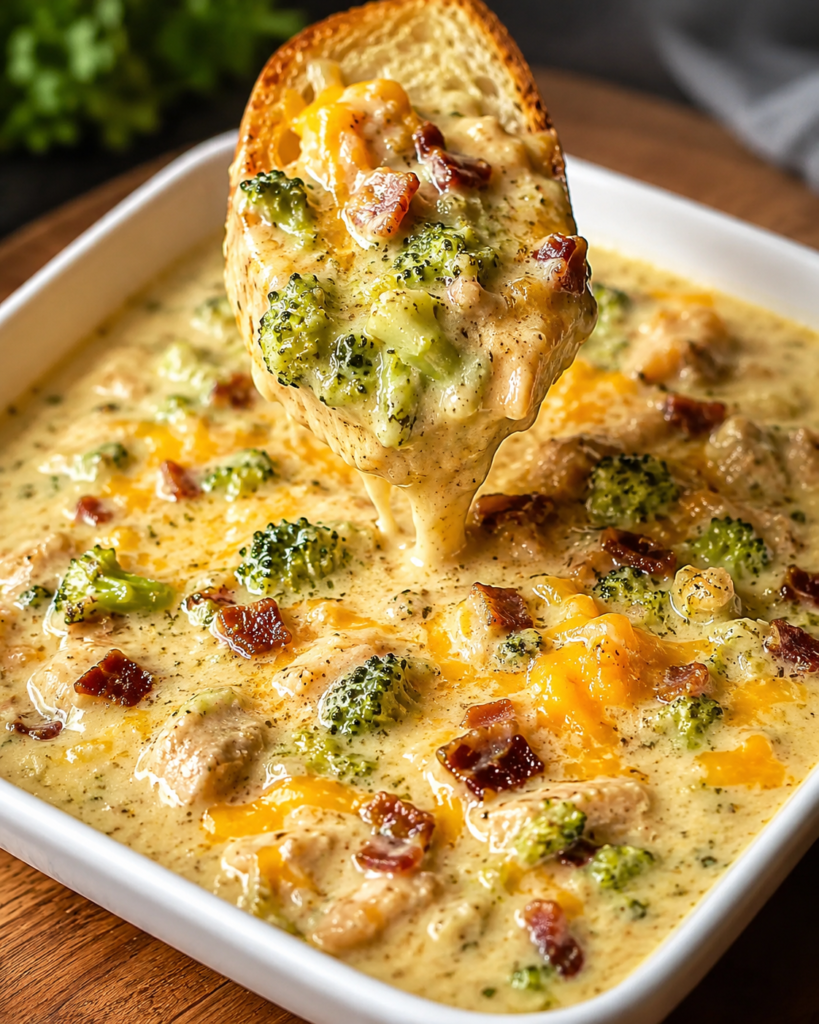 Creamy chicken bacon broccoli cheddar soup with crispy bacon, tender chicken, broccoli, melted cheddar cheese, and toasted bread.