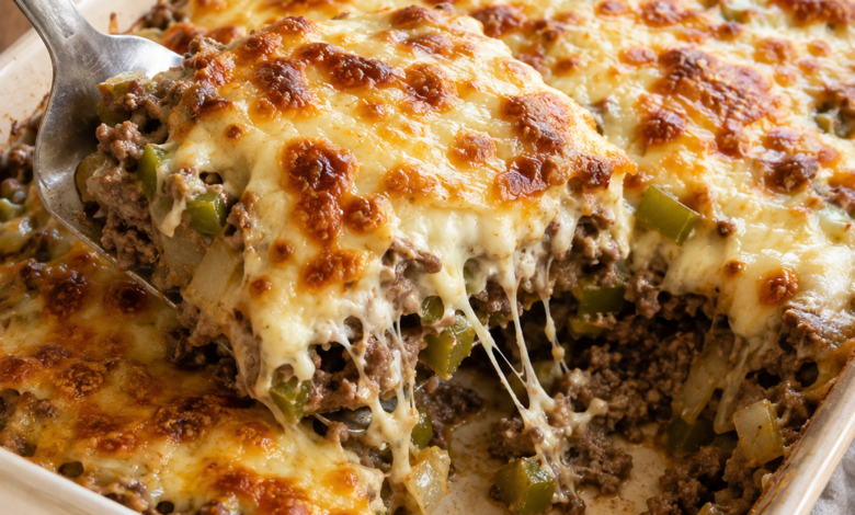 Philly cheesesteak casserole with ground beef, green peppers, onions, and browned melted cheese