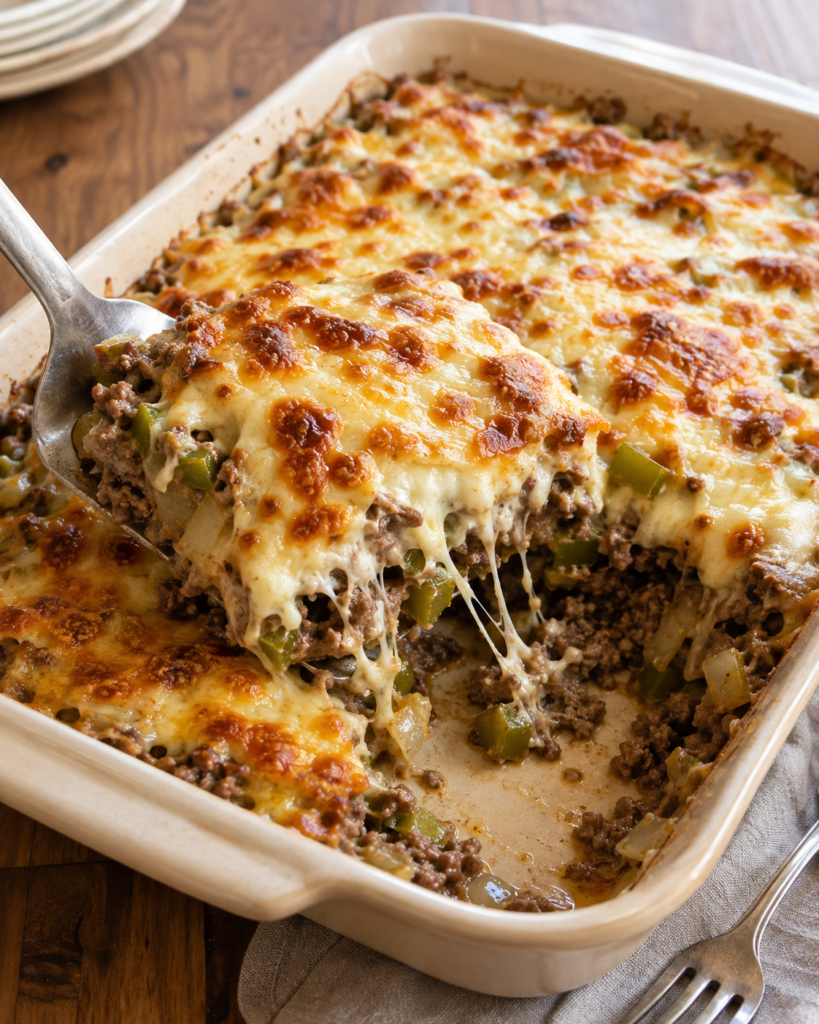 Philly cheesesteak casserole with ground beef, green peppers, onions, and browned melted cheese
