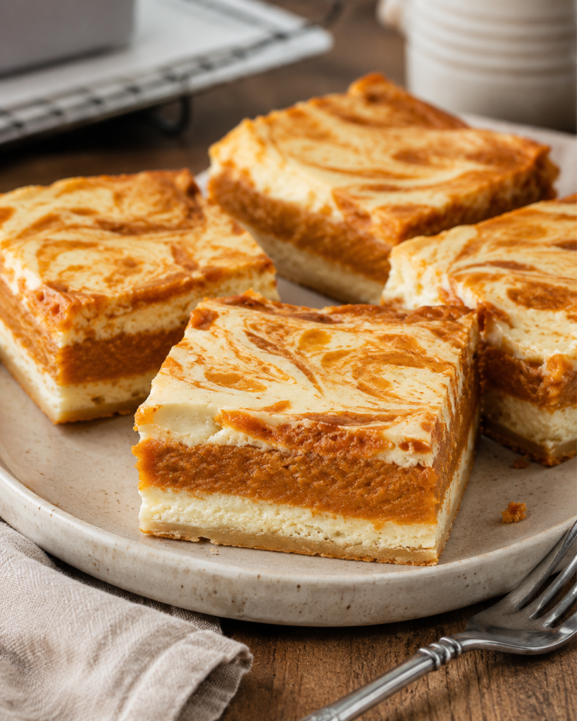 Sweet potato cheesecake brownies with creamy cheesecake layers, orange sweet potato filling, and a marbled top on a ceramic plate.