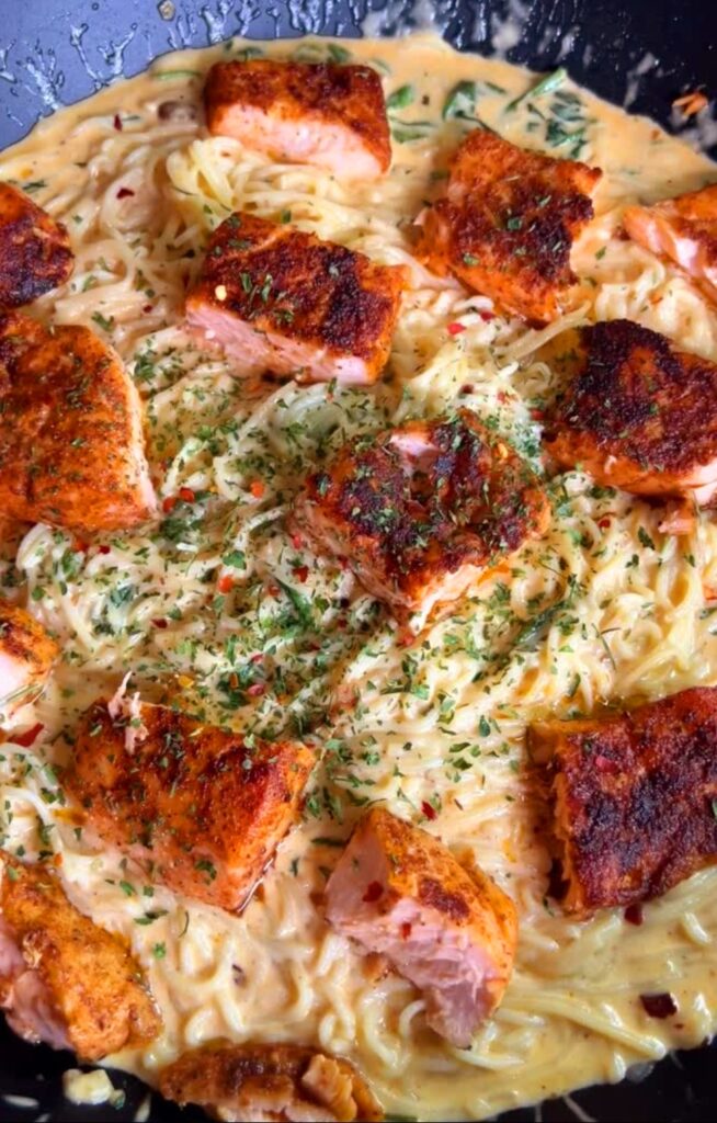 Creamy Salmon Pasta with Spinach and Chili Crisp