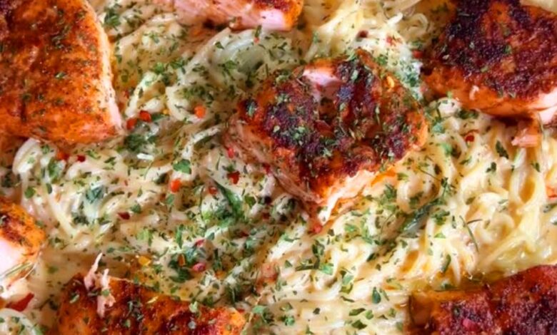 Creamy Salmon Pasta with Spinach and Chili Crisp
