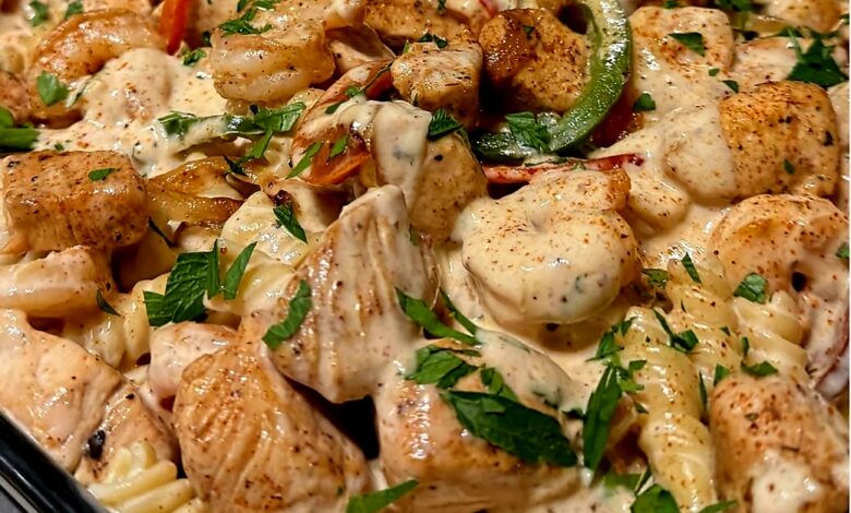Ultimate Rasta Pasta with Smoked Sausage, Chicken & Blackened Shrimp