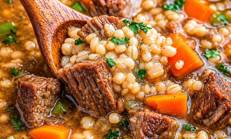 Homemade beef barley soup with tender beef, pearl barley, carrots, celery, and rich savory broth.