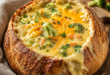Creamy homemade broccoli cheddar soup served in a toasted sourdough bread bowl with melted cheddar cheese and fresh parsley.