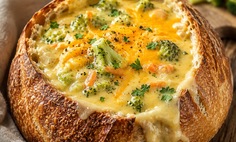 Creamy homemade broccoli cheddar soup served in a toasted sourdough bread bowl with melted cheddar cheese and fresh parsley.