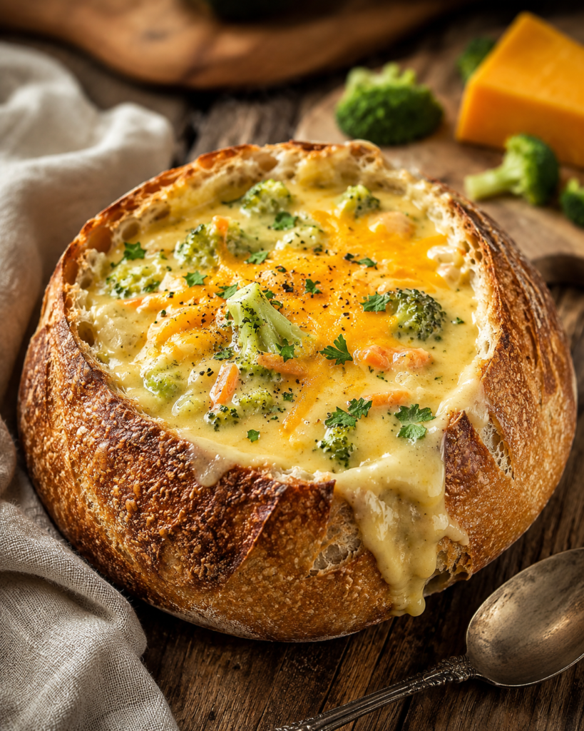 Creamy homemade broccoli cheddar soup served in a toasted sourdough bread bowl with melted cheddar cheese and fresh parsley.