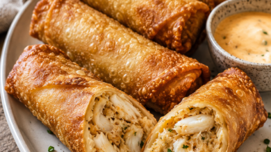 Crispy crab cake egg rolls filled with lump crab and served with creamy remoulade sauce